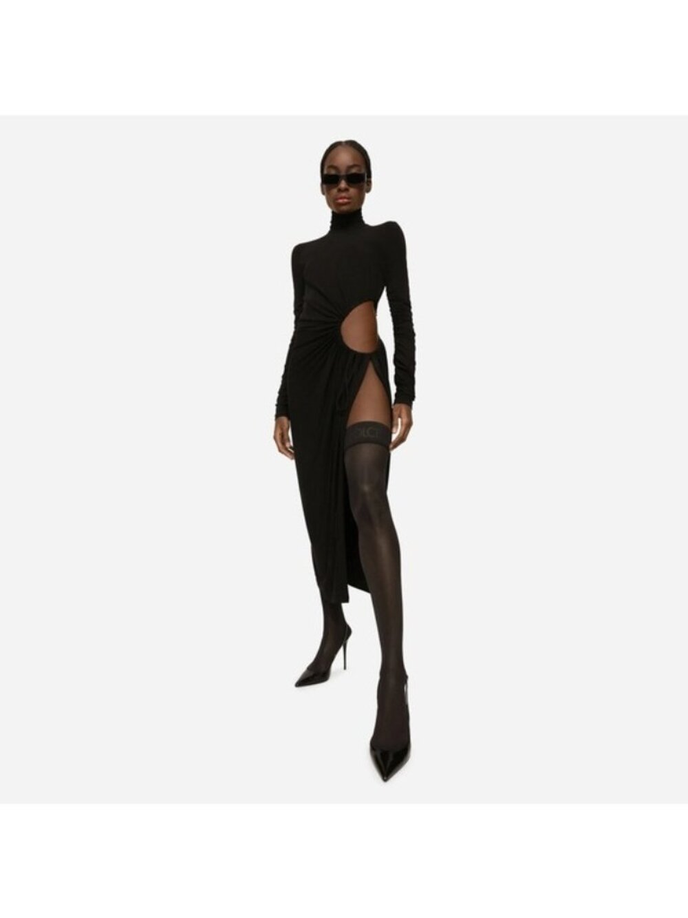 DG High Necked Jersey Calf Length Dress with Side Cut Out and Slit